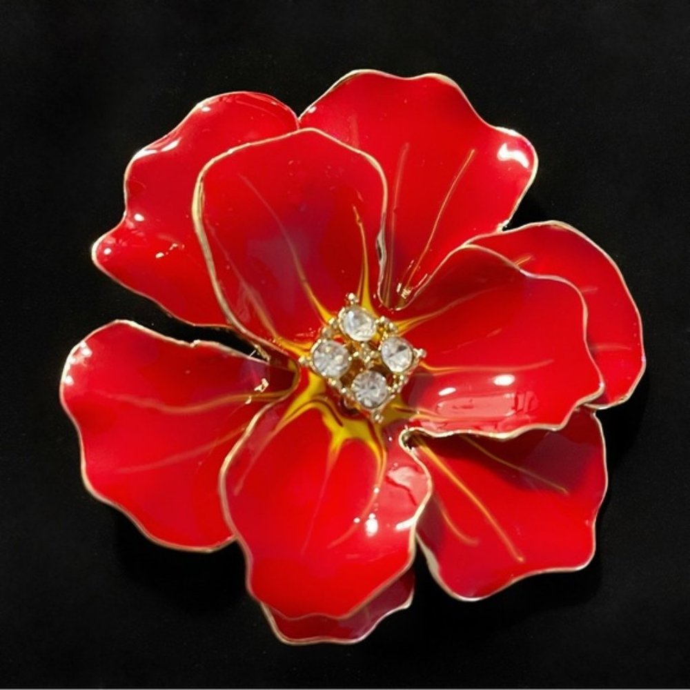 ✨ Beautiful Large Red Enamel Rhinestone Brooch